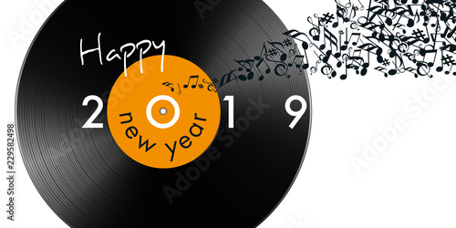 Carte de vœux 2019 sur le thème de la musique avec un disque vinyle et des notes
