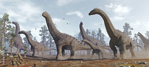 A 3D rendering of herd of Alamosaurus moving to a new area to feed. © Herschel Hoffmeyer
