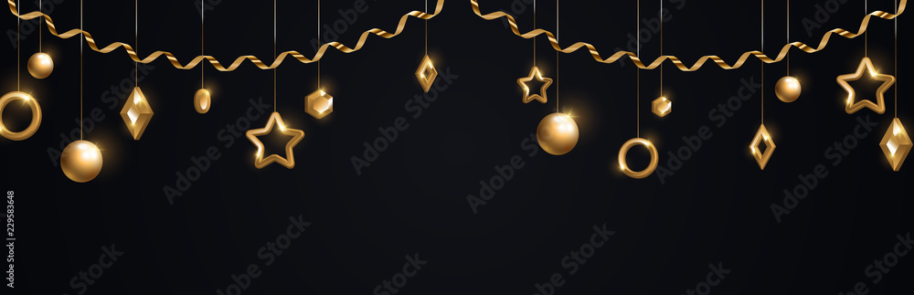 Christmas banner with gold baubles Christmas banner with gold baubles