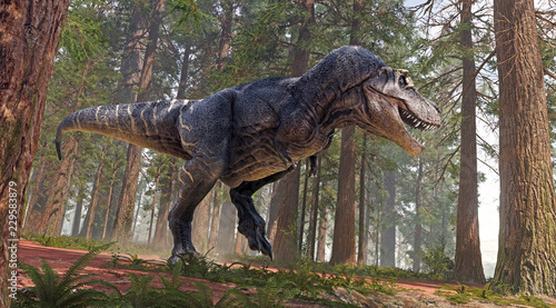 A 3D rendering of Tyrannosaurus Rex charging towards an Alamosaurus in a prehistoric forest.