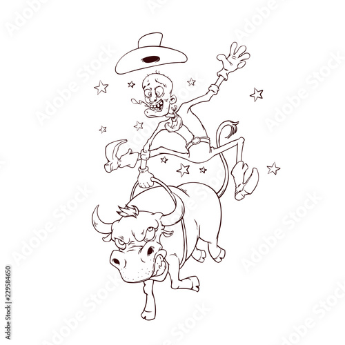 Cowboy riding a bull. Fun Cartoon Style Design. Vector illustration, eps 10.