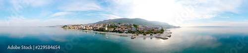 Fototapeta Naklejka Na Ścianę i Meble -  Seafront view at west village near old city Split town, Dalmatian coast place view from the Adriatic Sea, Croatia. Coast line of hotels for tourist, quite and comfortable  vacation location.