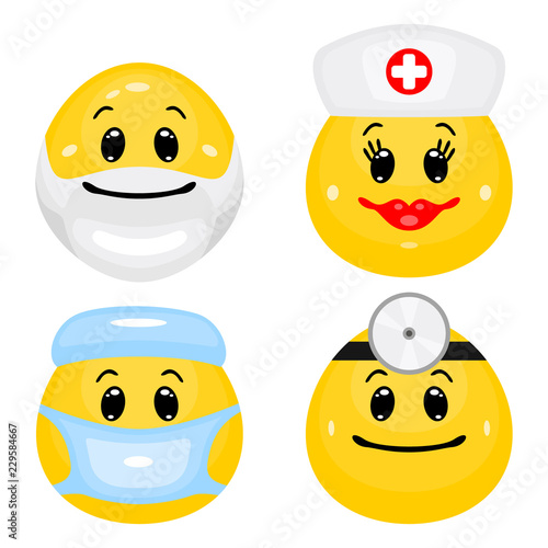 Emoticon set of doctors and nurses. Vector face icons of medical professionals in cartoon style on white background.