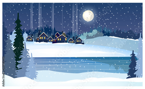 Winter night landscape with frozen river, fir-trees and cottages. Snowy country scene vector illustration. Winter country concept. For websites, wallpapers, posters or banners.