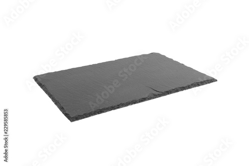 Rectangular black textured slate board, isolated on white background perspective view