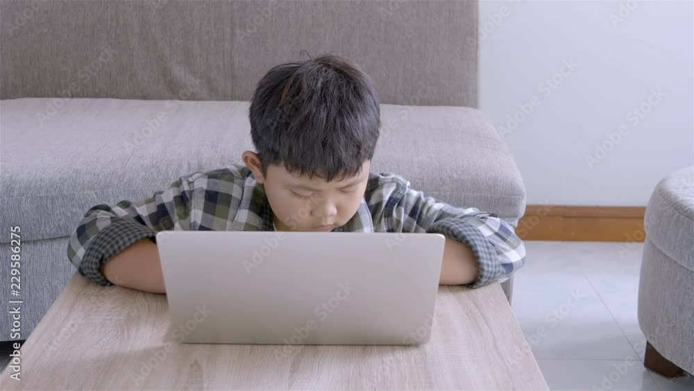 Asian children boy using laptop enjoy, happy at home. education concept Asian children boy using laptop enjoy, happy at home. education concept