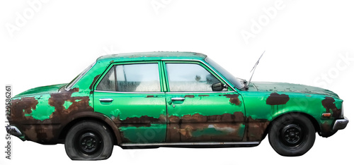 The green car was demolished on white Isolate