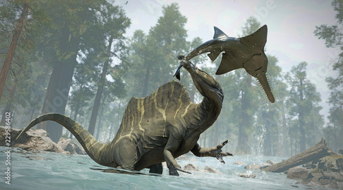 A 3D rendering of Spinosaurus catching its next meal.