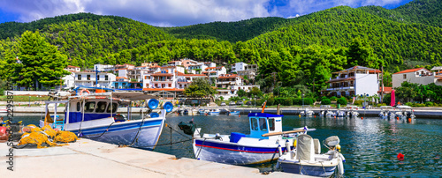 Beautiful gren Skopelos island- traditional fishing village Neo Klima. Northen Sporades of Grece photo