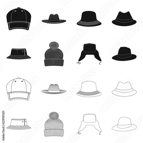 Vector illustration of headgear and cap logo. Set of headgear and accessory vector icon for stock.