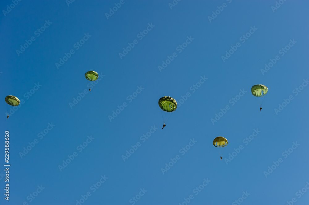 Fototapeta premium Paratroopers display on blue sky background.