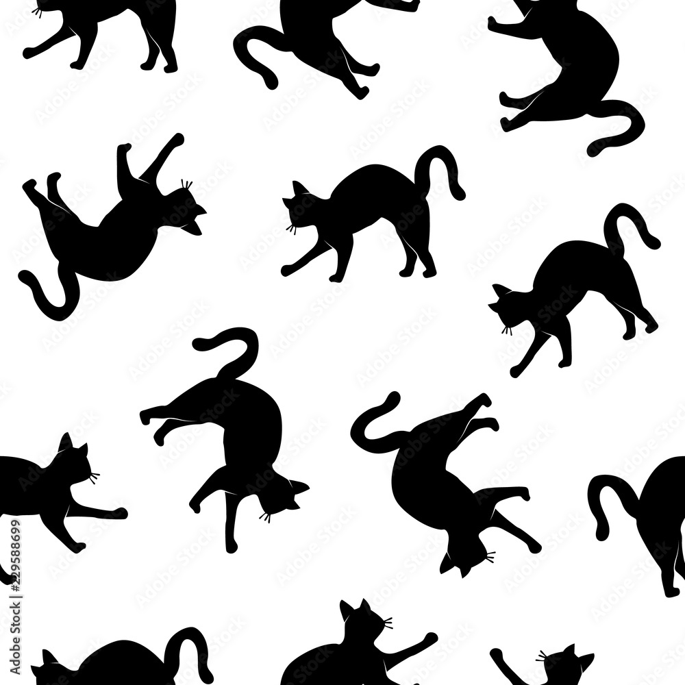 Vector Illustration. Silhouette cat seamless pattern. Shadow-figure isolated cat icon for design