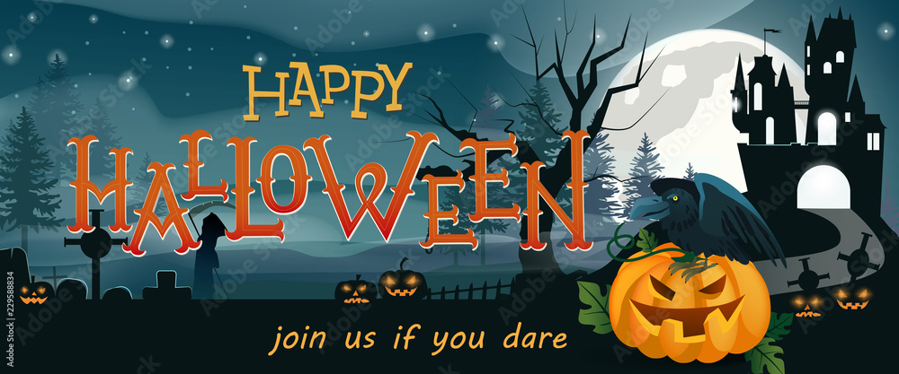 Happy Halloween, Join Us If You Dare Banner Design. Pumpkin Lanterns 