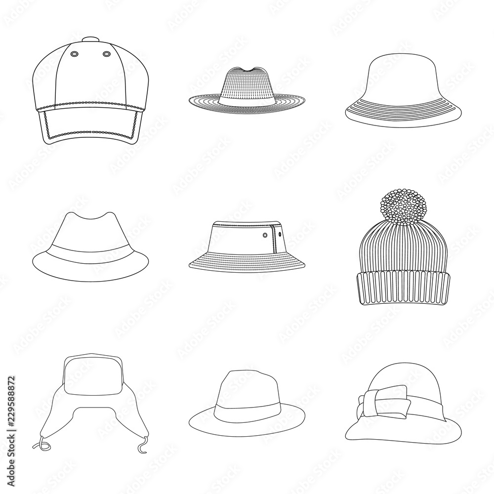 Vector design of headgear and cap icon. Collection of headgear and accessory stock vector illustration. Vector design of headgear and cap icon. Collection of headgear and accessory stock vector illustration.