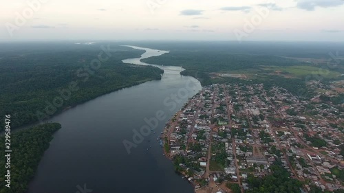 Oiapoque city in Brazil along the Oiapoque River. Drone aerial view