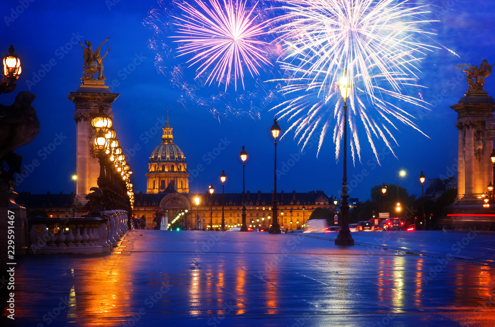 Alexandre III Bridge at night with fireworks, Paris, France