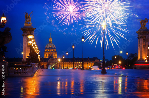 Alexandre III Bridge at night with fireworks, Paris, France