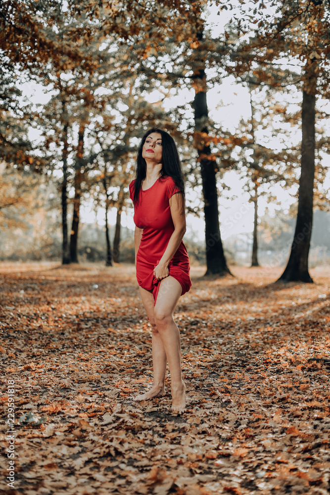Young woman wearing a long red dress posing on a an autumn day in the woods. Young woman wearing a long red dress posing on a an autumn day in the woods.