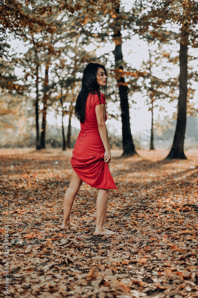 Young woman wearing a long red dress posing on a an autumn day in the woods. Young woman wearing a long red dress posing on a an autumn day in the woods.