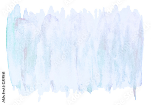 Blue pastel watercolor hand-drawn isolated wash stain on white background for text  design. Abstract texture made by brush for wallpaper  label.