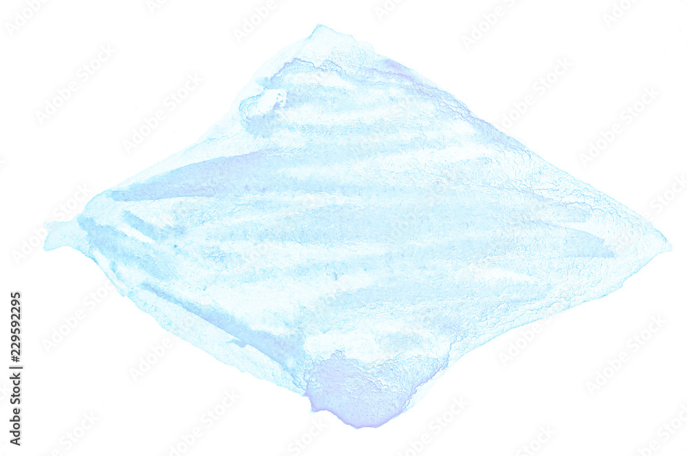 Blue pastel watercolor hand-drawn isolated wash stain on white background for text, design. Abstract texture made by brush for wallpaper, label.