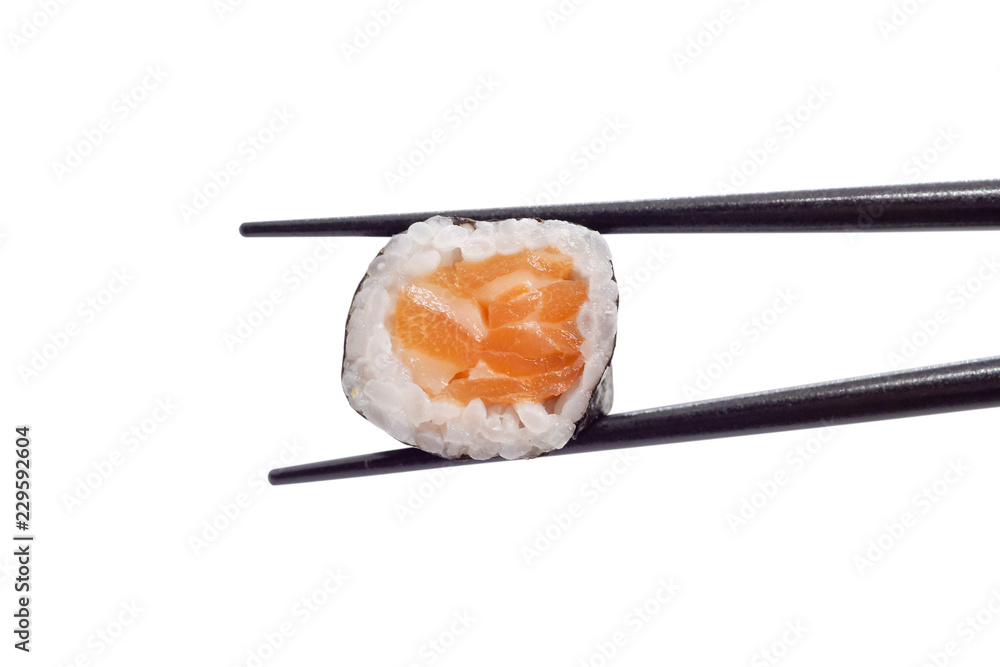 japanese salmon maki sushi roll with chopsticks isolated on white background with clipping path japanese salmon maki sushi roll with chopsticks isolated on white background with clipping path