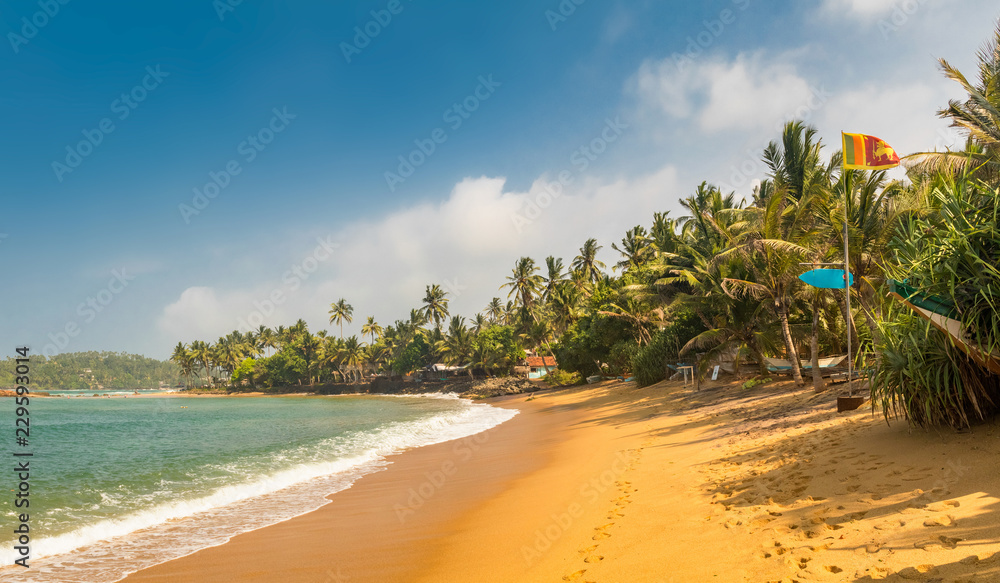 Paradise Mirissa beach in Sri Lanka. Yellow sand and palm trees with blue sky and Flag of Sri Lanka