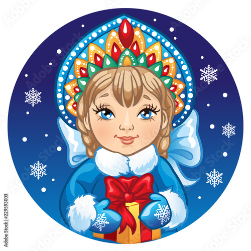 Portrait of Russian Snow Maiden with a gift. Vector illustration on a round with snowflakes. Icon traditional New Year character Snegurochka.
