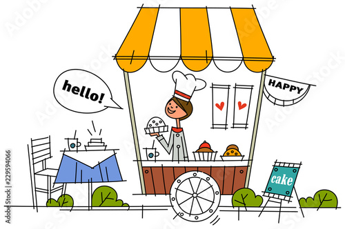 Woman selling cakes on the sidewalk