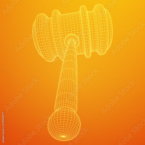 Gavel, hammer of judge or auctioneer. Wireframe low poly mesh vector illustration