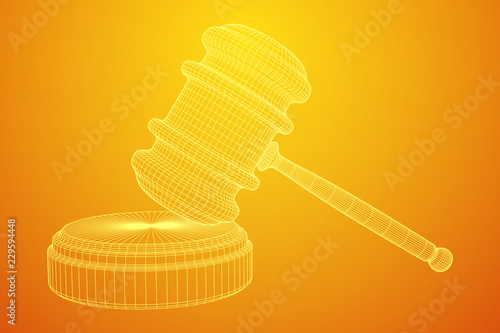 Gavel, hammer of judge or auctioneer. Wireframe low poly mesh vector illustration