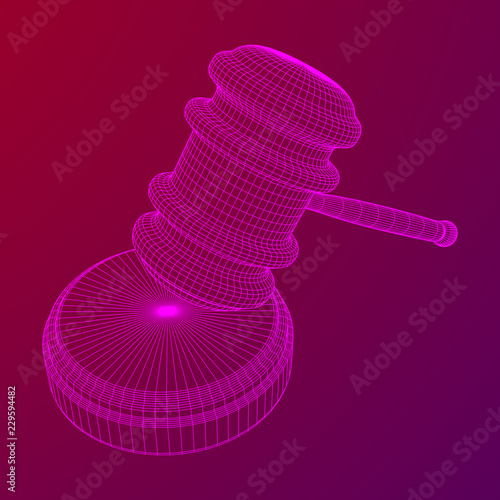 Gavel, hammer of judge or auctioneer. Wireframe low poly mesh vector illustration