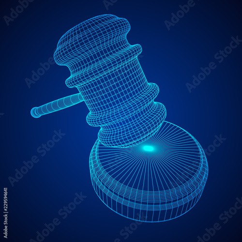 Gavel, hammer of judge or auctioneer. Wireframe low poly mesh vector illustration