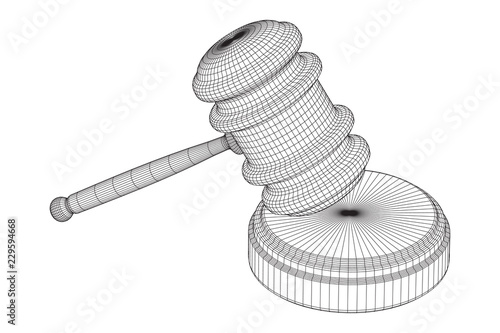 Gavel, hammer of judge or auctioneer. Wireframe low poly mesh vector illustration