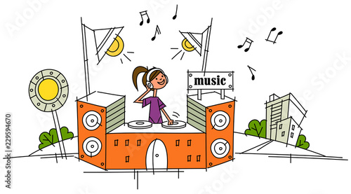 Female disc jockey operating a sound mixer