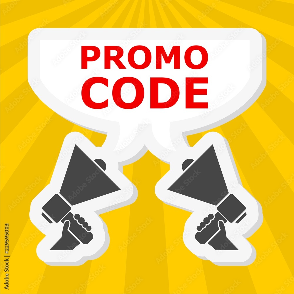 Hand holding megaphone with Promo code speech bubble sticker Hand holding megaphone with Promo code speech bubble sticker