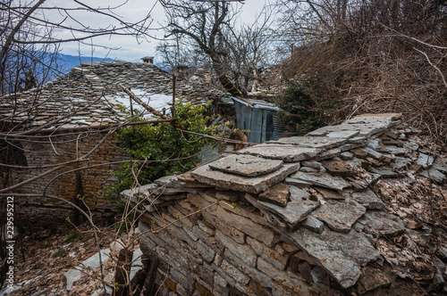 Beautiful winter landscape in ruined mountain village of Zagorohoria, Greece photo