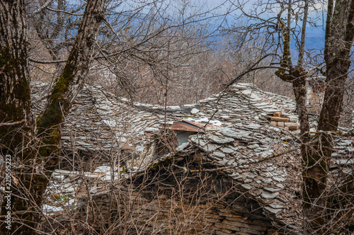 Beautiful winter landscape in ruined mountain village of Zagorohoria, Greece photo