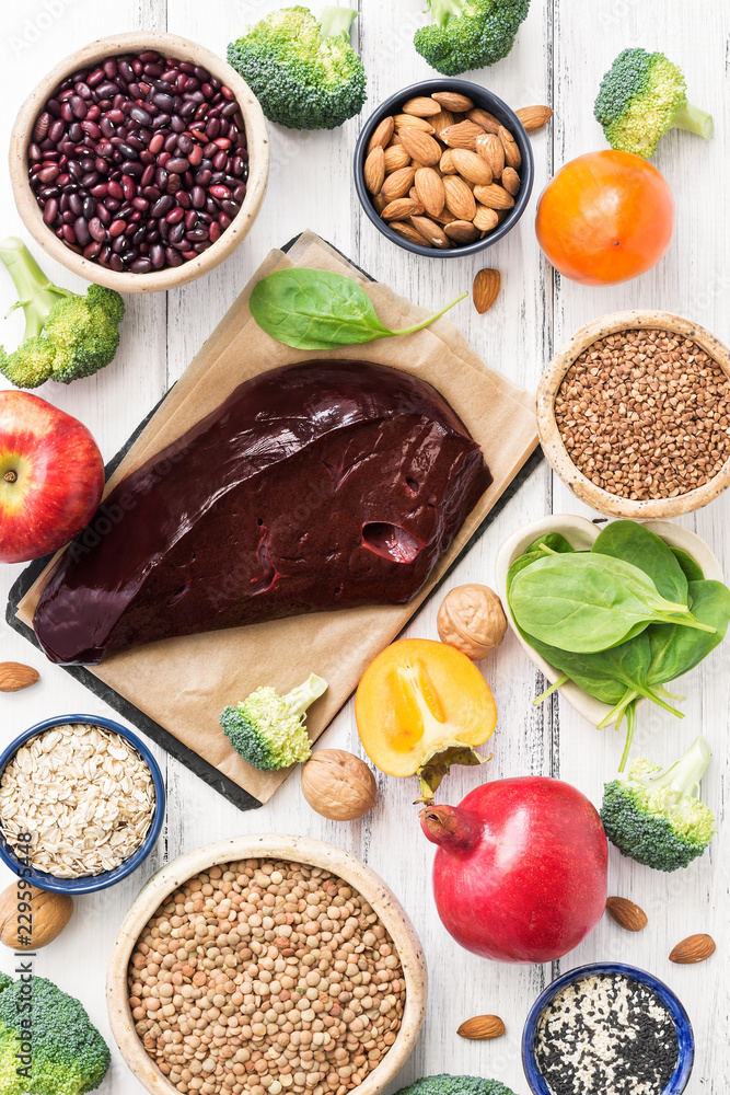 Food rich in iron, fruits, vegetables, cereals, spinach, beef liver on