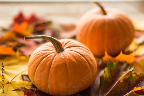 orange pumpkins with leaves on wooden background