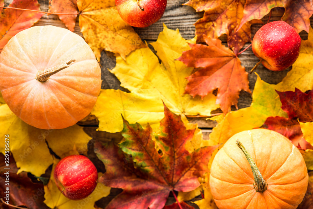 orange pumpkins with red apples autumn leaves on wooden background orange pumpkins with red apples autumn leaves on wooden background