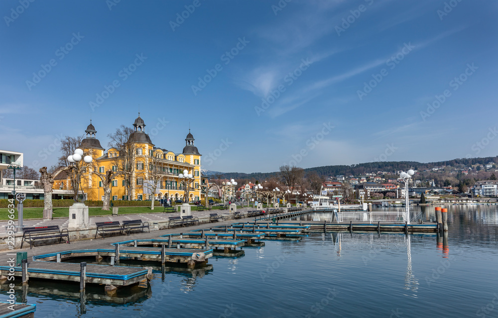 View of the waterfront in village Velden at Worthersee, Austria