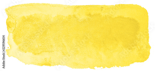 Yellow watercolor hand-drawn isolated wash stain on white background for text, design. Abstract texture made by brush for wallpaper, label.