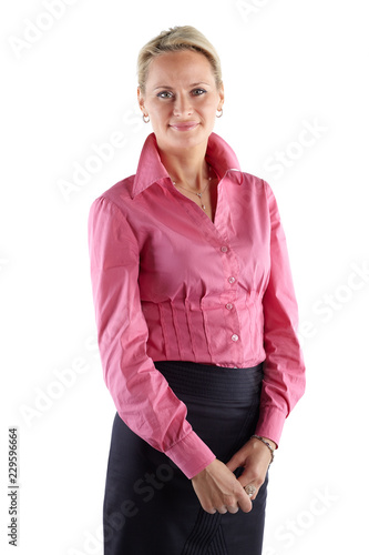 Mature Business woman. Studio shot, cropped mid-thigh, isolated on white