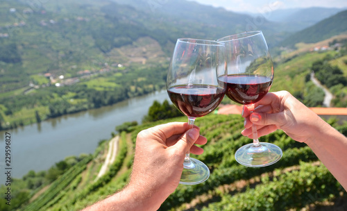 Wine glasses against vineyards in Douro Valley, Portugal