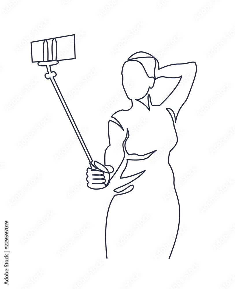 Continuous One Line Drawing of Selfie beautiful woman in an evening dress  with a selfie stick. Vector illustration portrait cute girl, holding  smartphone, online stories or streaming. Stock Vector | Adobe Stock