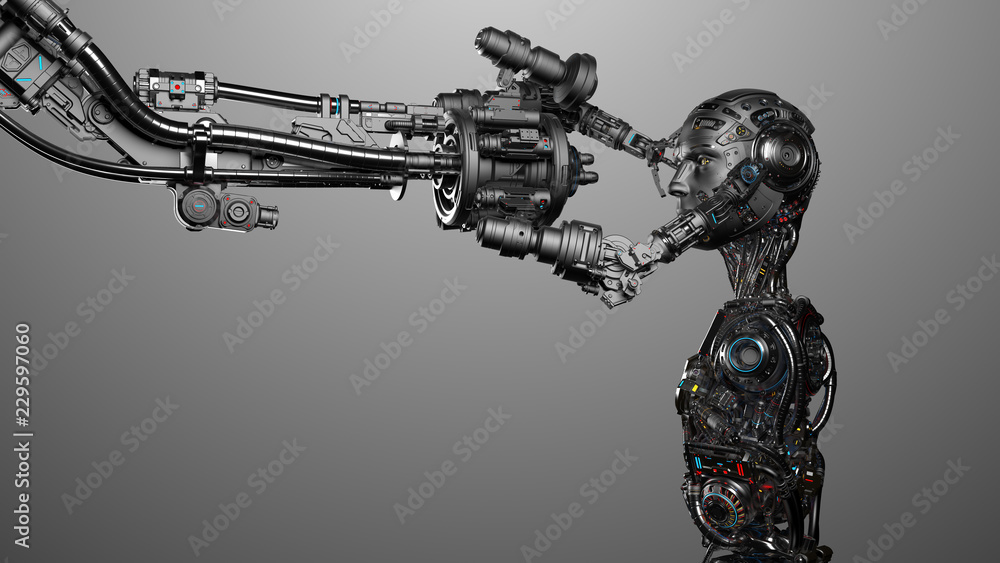 Futuristic robot man being constructed by robotic arm or cyborg under construction. Isolated on gray background. 3D illustration. Futuristic robot man being constructed by robotic arm or cyborg under construction. Isolated on gray background. 3D illustration.