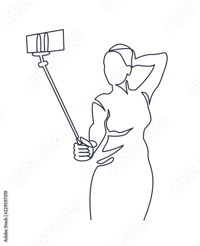 Continuous One Line Drawing of Selfie beautiful woman in an evening dress with a selfie stick. Vector illustration portrait cute girl, holding smartphone, online stories or streaming.