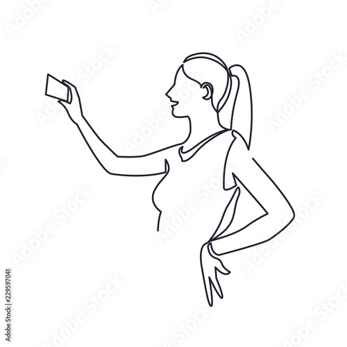 Continuous One Line Drawing of Selfie beautiful woman blogger. Vector illustration of young girl, holding smartphone, making online stories or streaming in social networks.