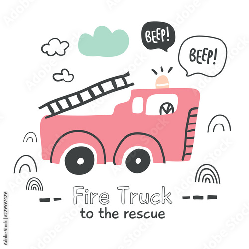 Fire truck illustration in scandinavian style